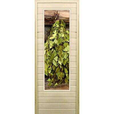 Дверь для бани со стеклом (43*129), "Веник в бане-1", 170×70см, коробка из осины