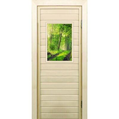 Дверь для бани со стеклом (40*60), "Лес", 180×70см, коробка из осины