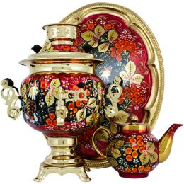 Электрический самовар 3 л «Круглый» в наборе с росписью «Рябина»