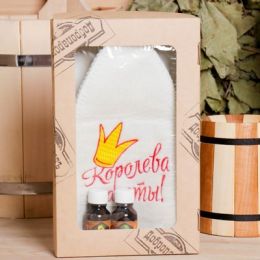 Набор для бани в коробке "Королева красоты" шапка, масло лимона и кедра