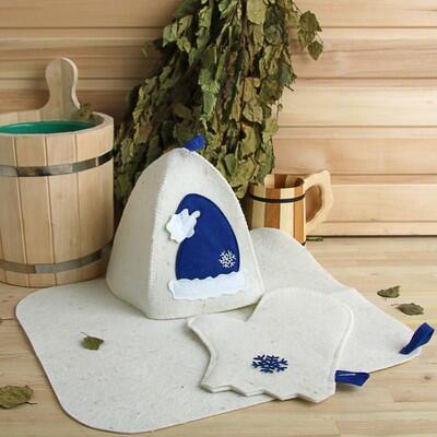 Набор банный подарочный "С Новым годом" (коврик, рукавица, шапка), войлок, синий