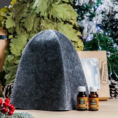 Набор для бани в коробке "Классика" шапка серая, масло апельсина и кедра
