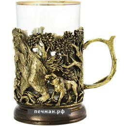 Латунный подстаканник «Охота на медведя»