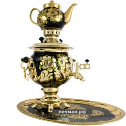 Электрический самовар 3 л «Круглый» в наборе с росписью «Петух на золотом»