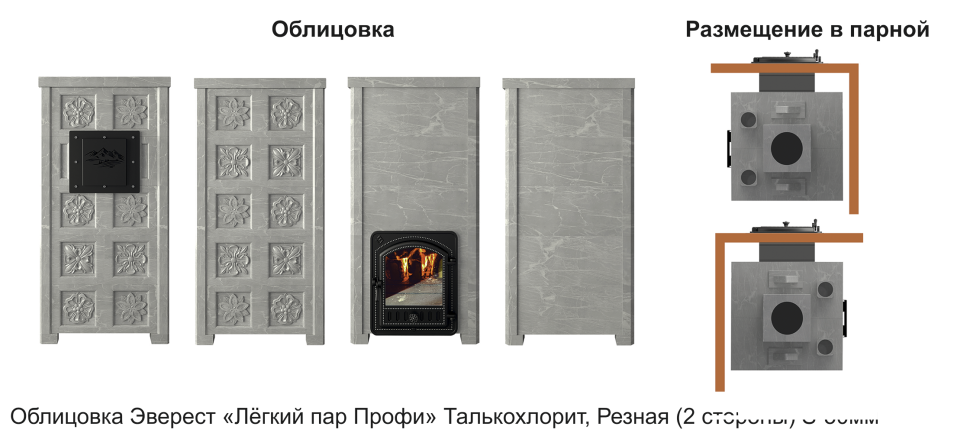 Печь Эверест "Легкий пар Профи" каменка из нерж. стали, Талькохлорит, S-50 мм, Резная (2 стороны)