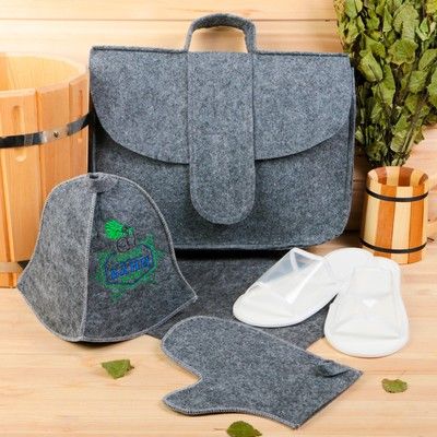 Набор банный портфель 5 предметов "Герой бани", серый, войлок