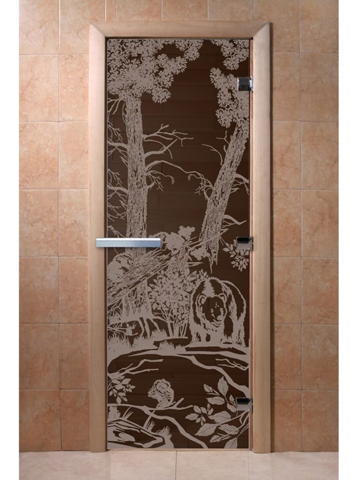 Дверь для сауны Doorwood «Мишки в лесу» (Ольха) 8мм