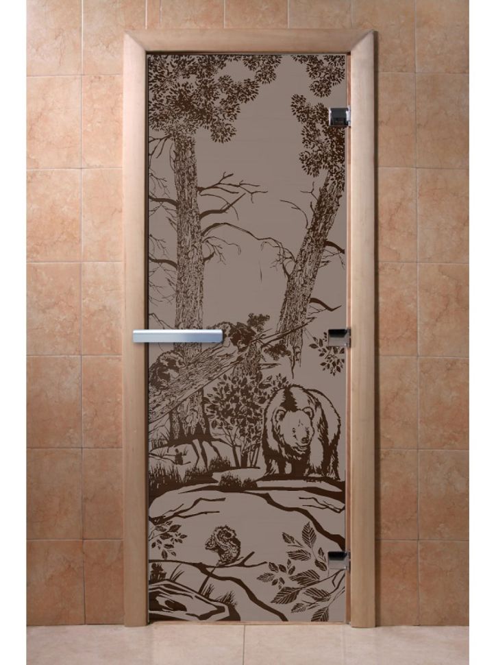 Дверь для сауны Doorwood «Мишки в лесу» (Ольха) 8мм
