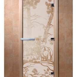Дверь для сауны Doorwood «Мишки в лесу» (Ольха) 8мм