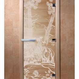 Дверь для сауны Doorwood «Мишки в лесу» (Ольха) 8мм