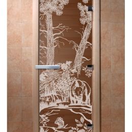 Дверь для сауны Doorwood «Мишки в лесу» (Ольха) 8мм