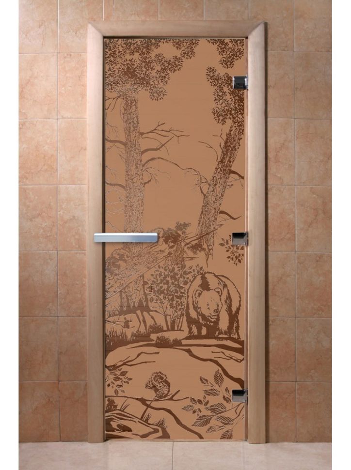 Дверь для сауны Doorwood «Мишки в лесу» (Ольха) 8мм