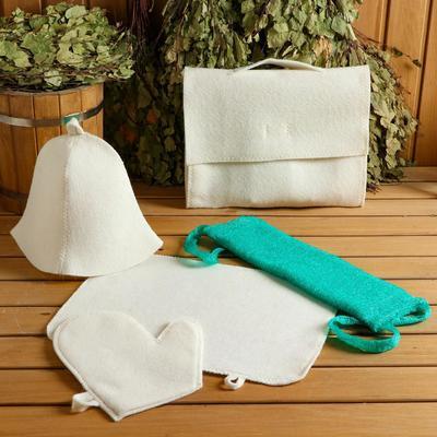 Набор для бани и сауны 5 в 1 (сумка, шапка, варежка, коврик, мочалка),  белый