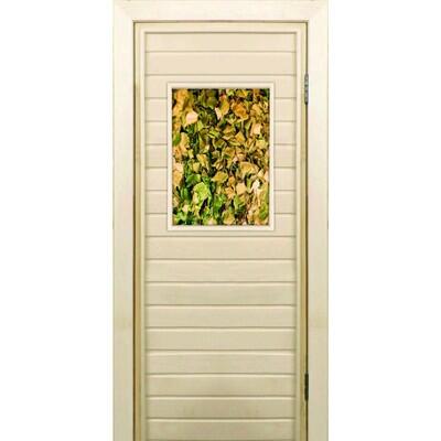 Дверь для бани со стеклом (40*60), "Веники для бани", 170×70см, коробка из осины