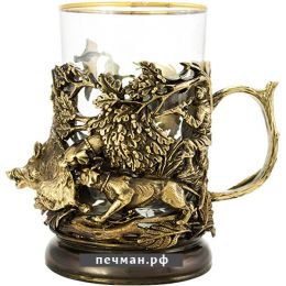 Литой латунный подстаканник «Охота на кабана»