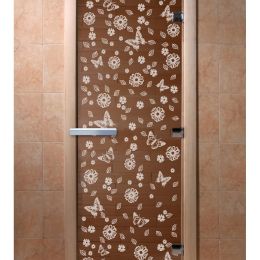 Дверь для сауны Doorwood «Цветы и бабочки» (Ольха) 8мм