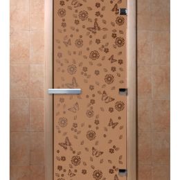 Дверь для сауны Doorwood «Цветы и бабочки» (Ольха) 8мм