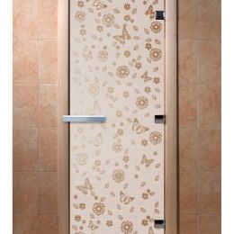 Дверь для сауны Doorwood «Цветы и бабочки» (Ольха) 8мм