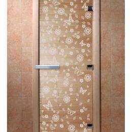 Дверь для сауны Doorwood «Цветы и бабочки» (Ольха) 8мм