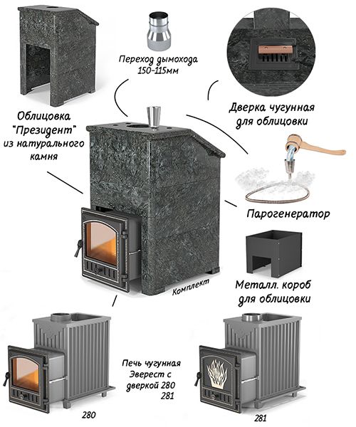 Печь для бани Эверест 24 (280) в облицовке Пироксенит Элит 